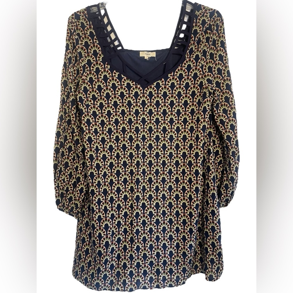 Entro Square Neckline Detail Patterned Dress Size Large